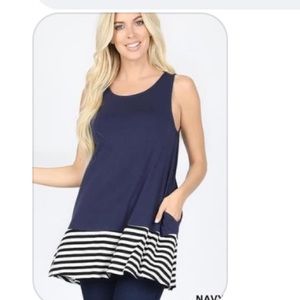 Navy long tank top with black and white stripes